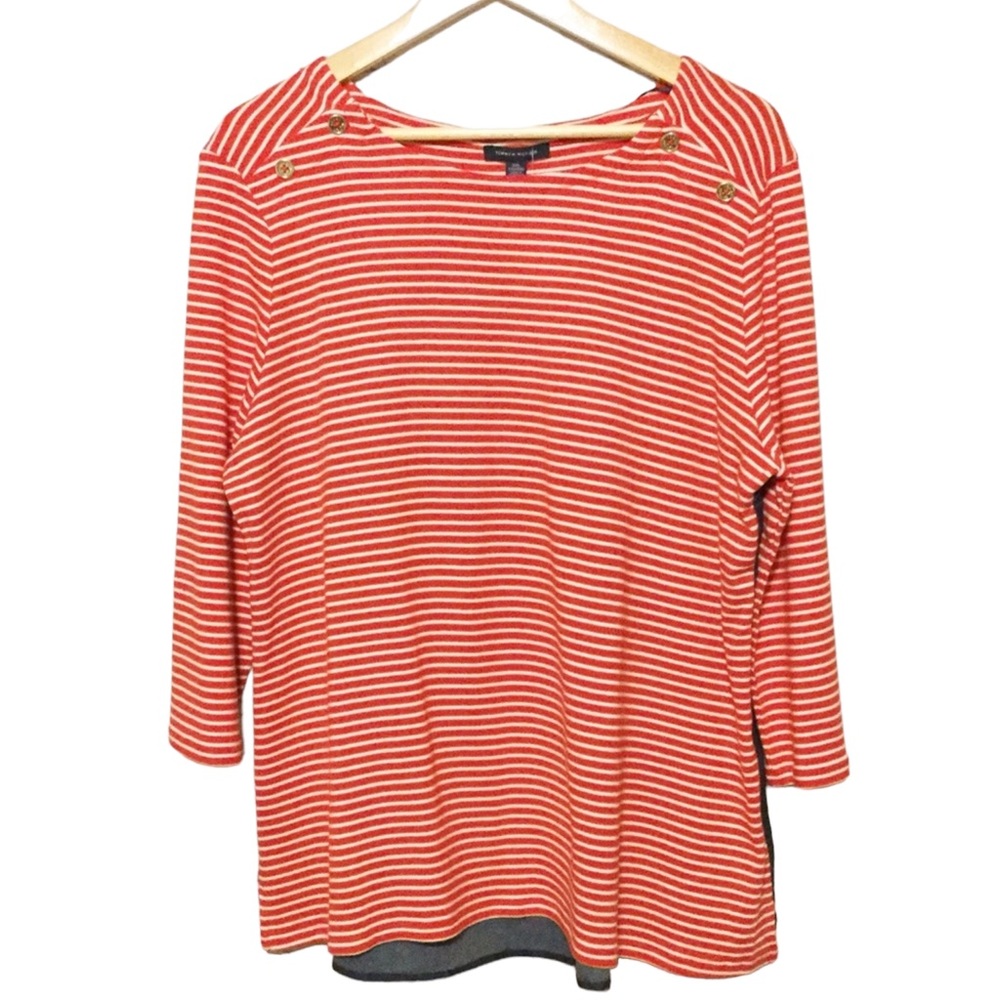 TOMMY HILFIGER sz XX Large Blouse Boat Neck Gold Buttons Red White & Denim NWT